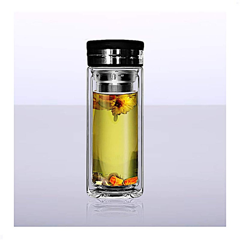 Sun's Tea 18oz Wide Mouth Ultra Clear Spill-proof Strong Double-wall 3-Piece Borrosilicate Glass Tumbler with Strainer and Lid (flat top lid) - Image 2